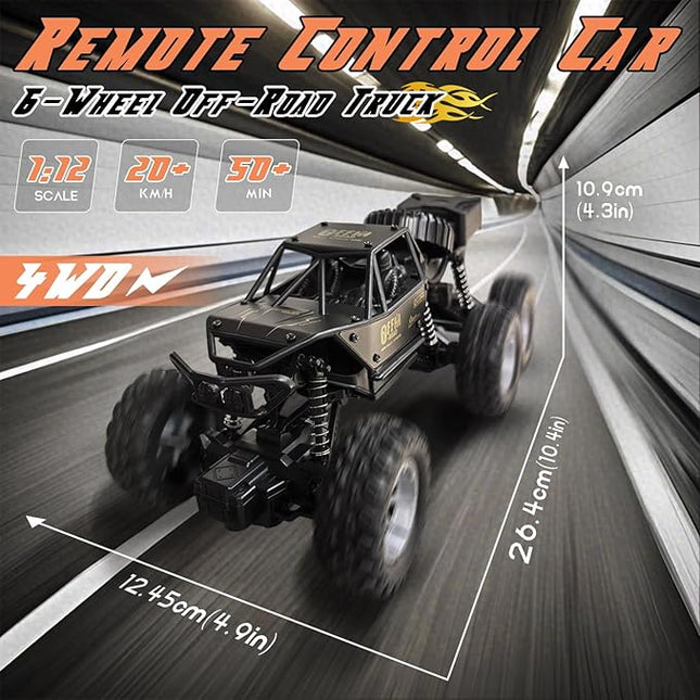 1:12 Remote Control Car - 4WD RC Off Road Truck - 6 Wheel All Terrain Hobby Electric Vehicle Toys Monster Truck - Gifts for Boys Girls Kids