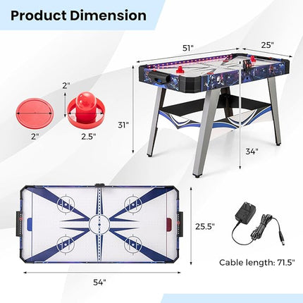 KOTEK 54 Inch Air Hockey Table, Light-Up Table Hockey with Digital Led Scoreboard & Powerful 12V Motor, Hockey Table Game for Game Room, Home & Office, Includes 2 Pucks & 2 Pushers