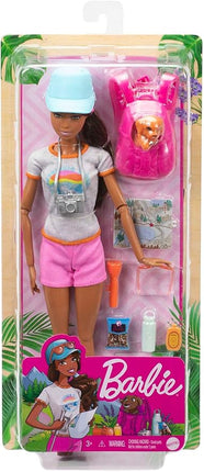 Barbie Self-Care Doll, Brunette Posable Hiking Doll with Puppy & Accessories Including Backpack Pet Carrier & Camera