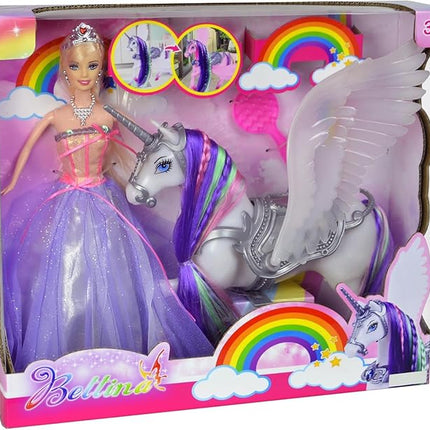 Yellow River Color Changing Unicorn & Princess Doll, Color Change on Whole Unicorn Under Sunshine, 12'' Doll and 11'' Unicorn Toys & Gifts with Removable Saddle & Wings for Girls