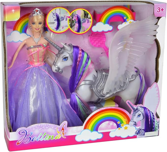 Yellow River Color Changing Unicorn & Princess Doll, Color Change on Whole Unicorn Under Sunshine, 12'' Doll and 11'' Unicorn Toys & Gifts with Removable Saddle & Wings for Girls