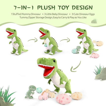 MorisMos Dinosaur Stuffed Animal with Babies,23.6'' Big T-Rex Mommy Stuffed Dinosaur with 3 Baby Dino Plush Toys, 3 Eggs,Boy Girl Dino Toys for Kid Birthday Christmas,Green T-rex