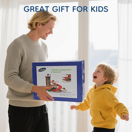 Toy Car Garage with Rails, Wooden Parking Garage Toy Playset w/Elevator, Toddler Race Car Ramp Track Toy Set with 4 Mini Cars for Old Boys and Girls Kids Ages 3+ Birthday Gift Christmas