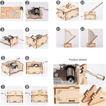 3D Wooden Puzzle Music Box Harp Hand Crank Music Box Teaser Science and Education Education DIY Kits 3D Puzzles for Adults (Harp)