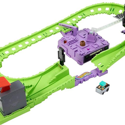 Hot Wheels Toy Car Track Set, RacerVerse Minecraft Playset & Die-Cast Diamond Armor Steve in Minecart Vehicle, Launch & Race to Defeat Ender Dragon