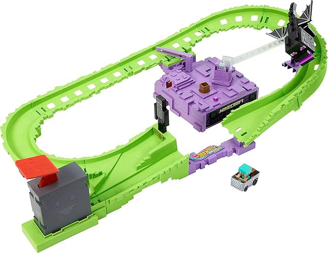 Hot Wheels Toy Car Track Set, RacerVerse Minecraft Playset & Die-Cast Diamond Armor Steve in Minecart Vehicle, Launch & Race to Defeat Ender Dragon