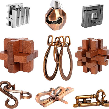 9pcs Puzzles Bulk Gift for Kids, Teens, and Adults Retro Wooden and Metal Unlock Interlock Brain Teaser Toys.