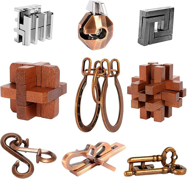 9pcs Puzzles Bulk Gift for Kids, Teens, and Adults Retro Wooden and Metal Unlock Interlock Brain Teaser Toys.