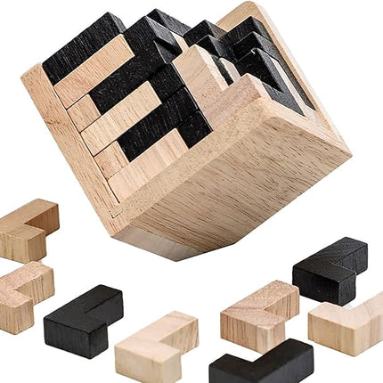 Wooden Brain Teaser Puzzle Cube Wooden Puzzles T-Shaped Jigsaw Logic Puzzle Educational Toy for Kids and Adults by AHYUAN (L Shape Black and Natural)