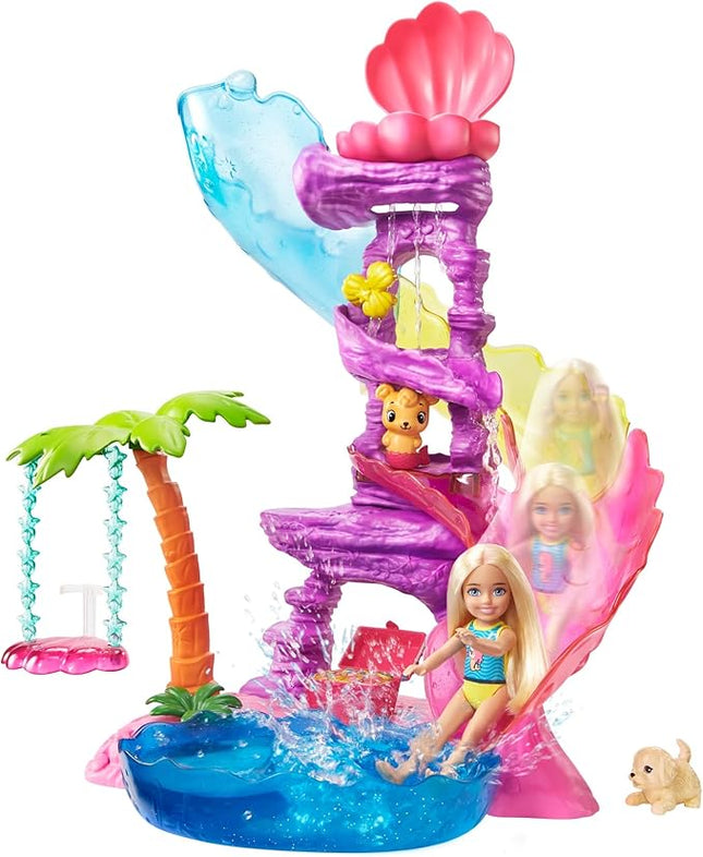 Barbie Dreamtopia Chelsea Water Lagoon Playset with Chelsea Doll (6 in Blonde), 2 Pets, Slide, Pool & Swing, Gift for 3 to 7 Year Olds