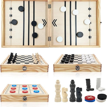 4 in 1 Wooden Fodable Fast Sling Puck Game Set – Chess, Tic Tac Toe, Checkers Board Game for Kids & Adults, Portable Tabletop Family Toy for Travel & Game Night