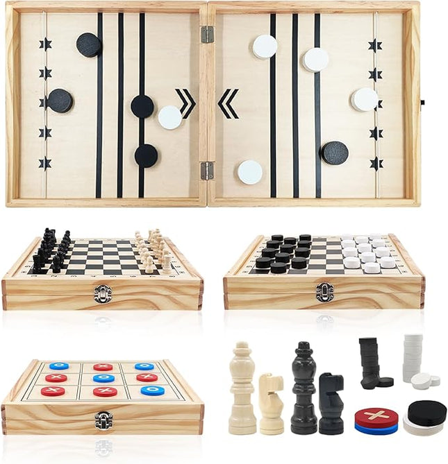 4 in 1 Wooden Fodable Fast Sling Puck Game Set – Chess, Tic Tac Toe, Checkers Board Game for Kids & Adults, Portable Tabletop Family Toy for Travel & Game Night