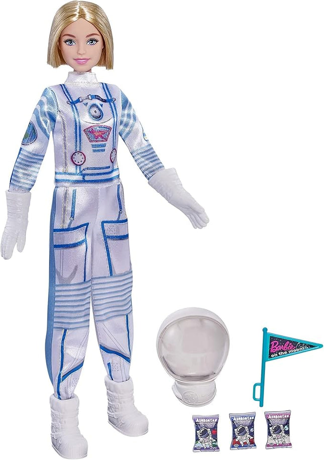 Barbie Space Discovery Astronaut Doll, Blonde, in Spacesuit with Helmet, Gloves, Flag & 3 Mini Packs of Astronaut Food (Non-Edible) for 3 to 7 Year Olds