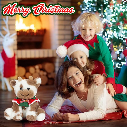 Hopearl Adorable Christmas Plush Cow Toy Floppy Dairy Cattle Soft Stuffed Animal Cute Xmas Gifts for Boys Girls Kids Toddlers, Light Brown, 9''