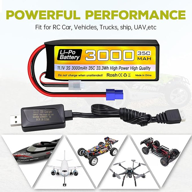 sea jump 3S Lipo Battery 11.1V 3000mAh 35C with EC3 Plug and USB Charging Cable Suitable for RC Car, Truck, Remote Control Boat, RC Quadcopter Aircraft, FPV Drone Battery