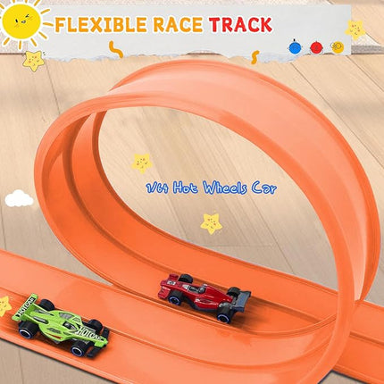 16Ft Flexible Race Track for Kids, Race Car Ramp Track Compatible with Hot Wheel and Diecast 1/64th Cars, Portable Roll Up Race Tracks with Strong Suction Cups - Orange