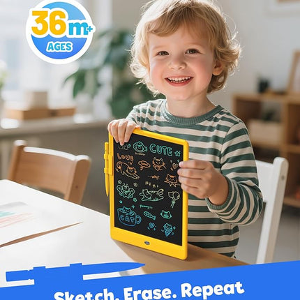 TEKFUN Toys for Girls Boys 10IN LCD Writing Tablet, Magic Doodle Board with Anti-Lost Stylus, Mess Free Coloring for Toddlers Drawing Pad, Toddler Travel Car Plane Trip Toys Gifts (Yellow)