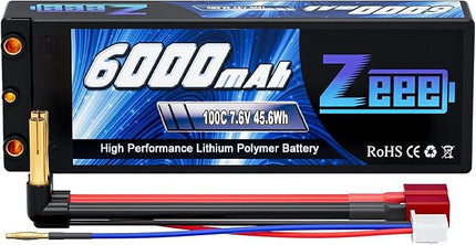 Zeee 2S High Voltage Lipo Battery 6000mAh 7.6V 100C Hard Case RC Battery with 4mm Bullet to T Connector for RC 1/8 1/10 Scale Vehicles Car RC Trucks Boats