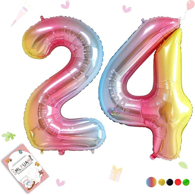 Smlpuame 40 Inch Number Balloons 0-9 Rainbow Gradient Large Number 24 Balloons, Digital Balloons for Birthday Party Celebration Decorations, Helium Foil Number Balloons for Wedding Anniversary