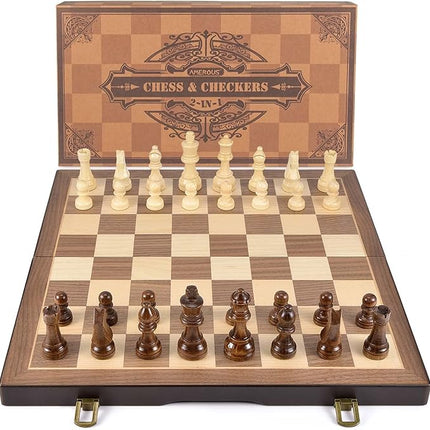 AMEROUS Magnetic Wooden Chess and Checkers Game Set, 15 Inches (2 in 1) Chess Board Games, 2 Extra Queens - Gift Package - Game Pieces Storage Slots, Beginner Chess Set for Kids, Adults