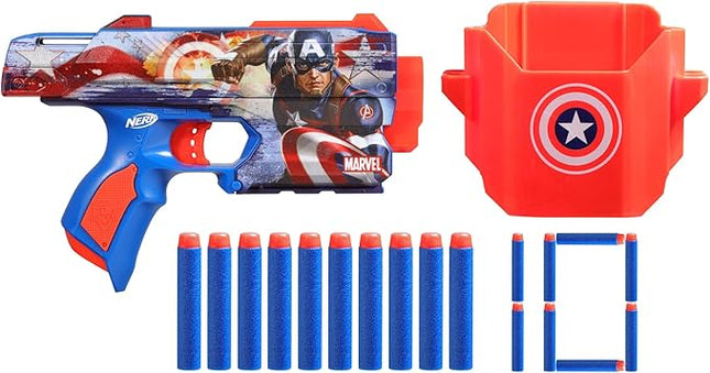 Nerf Marvel Captain America Dart Blaster, 10 Elite Darts, Holster, Toy Foam Blasters for 8 Year Old Boys & Girls & Up