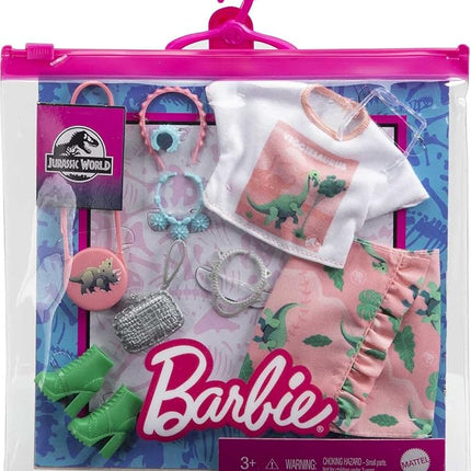 Barbie Fashion Pack of Doll Clothes Inspired by Jurassic World, Collectible Set Includes Crop Top & Skirt with Dinosaur Theme & 8 Accessories