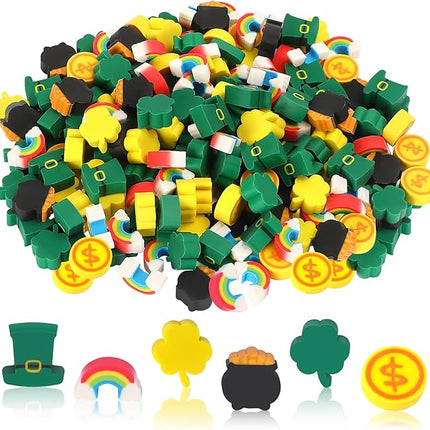 JUNEBRUSHS Erasers for Kids, 150Pcs St. Patrick's Mini Erasers Cute Pencil Erasers Shamrocks Erasers for Kids Bulk School Classroom Prizes Homework Rewards Party Favors