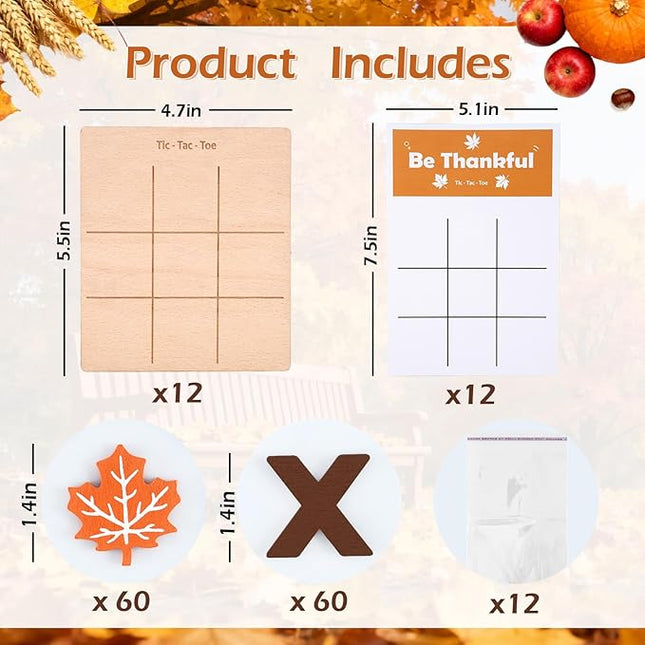 12 Pcs Fall Tic Tac Toe Game, Mini Wooden Tic Tac Toe Strategic Board Game with Maple Leaf, Brown X Pieces, Thanksgiving Cards Included, Ideal for Fall Holiday Party Favor Family Activities