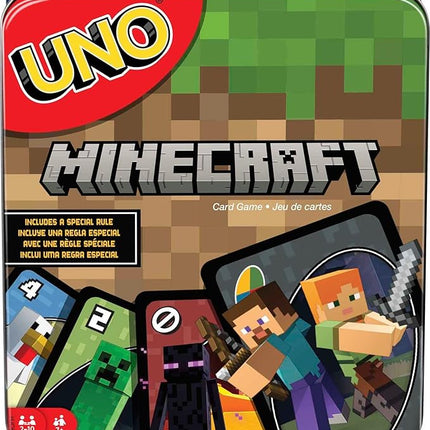 Mattel Games UNO Card Game, Gifts for Kids and Family Night, Themed to Minecraft Video Game, Travel Games, Storage Tin Box (Amazon Exclusive)