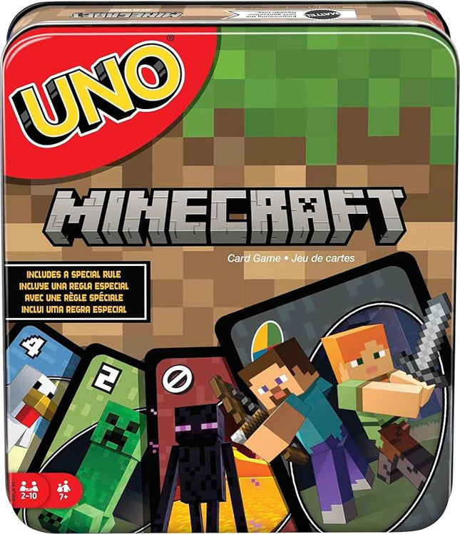 Mattel Games UNO Card Game, Gifts for Kids and Family Night, Themed to Minecraft Video Game, Travel Games, Storage Tin Box (Amazon Exclusive)