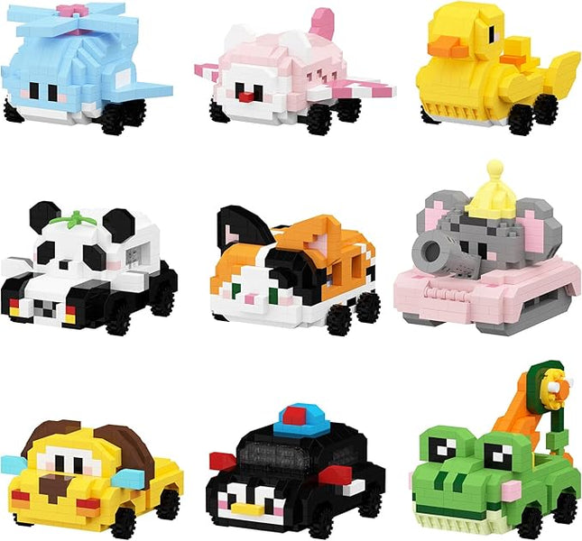 Fleet Mengmeng Mini Micro Building Blocks Set - 9 Cute Animal & Vehicle Models, Ideal Party Favor for Kids, Fun Building Blocks for Adults