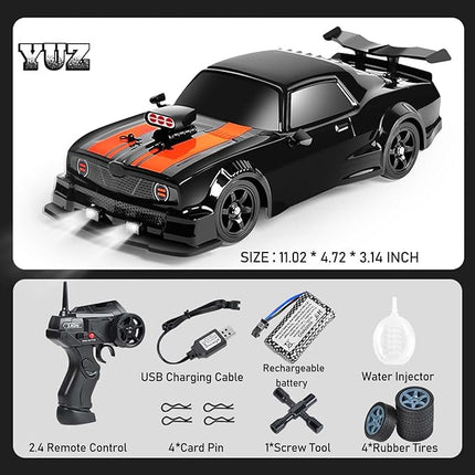 YUZ Remote Control Car RC Drift Car 1/16 Scale 4WD 18KM/H High Speed RC Car 2.4GHz with LED Lights Spray Racing Toy Car for Adults Boys Girls Kids Birthday 2Pcs Rechargeable Batteries, Black