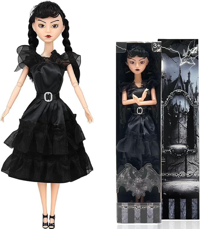 11.5'' Addams Doll with Gift Box, High Heels, Black Dress, and Hair, Perfect Christmas and Birthdays Toy Gift for Girls & Fans(A1)