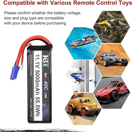 KBT 3S 5000mAh Soft Case LiPo High Discharge Rate Battery with USB Cable 40C(Burst 80C) 11.1V Rechargeable Lithium Polymer Battery with EC5 Plug for RC Car Trucks Boat Vehicle Airplane RC Hobby