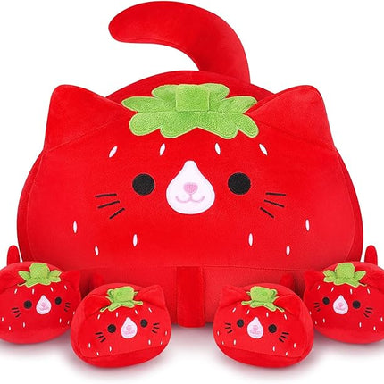 5 PCS Strawberry Cat Plush Stuffed Animal Family-19" Soft Strawberry Cat Plush, Large Mommy Plushies with 4 Baby Kittens Plushies, Kawaii Plushie Toy Christmas Birthday Gifts for Kids Boys