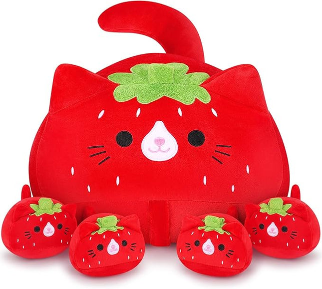 5 PCS Strawberry Cat Plush Stuffed Animal Family-19" Soft Strawberry Cat Plush, Large Mommy Plushies with 4 Baby Kittens Plushies, Kawaii Plushie Toy Christmas Birthday Gifts for Kids Boys