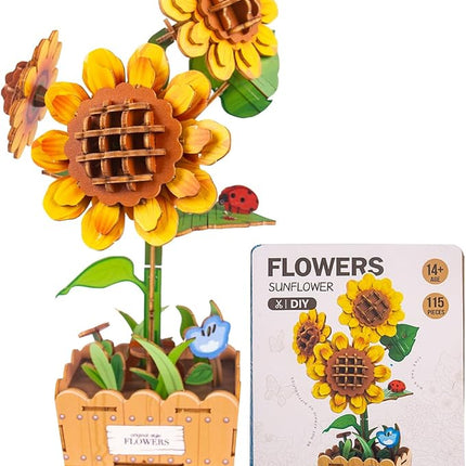 3D Wooden Flower Puzzles for Adults Sunflower, DIY Artificial Flower Building Set Wooden Bloom Craft Kits Home Decoration, for Women Mom Birthday Thanksgiving Christmas Valentine's Day