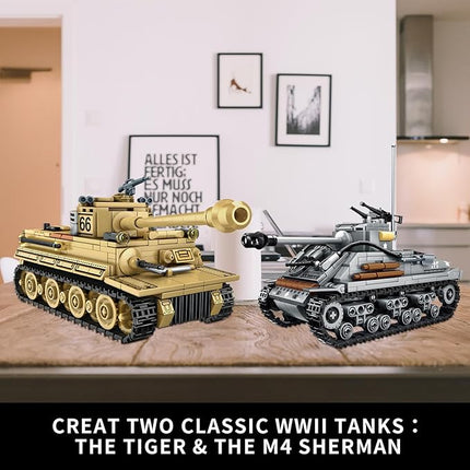 WW2 2 in 1 Army Tank Building Blocks Kit Create an American M4 Sherman & a German Tiger Tank Military Toy Sets Birthday for Age 6+ Children Teens Adults 1184 Pieces