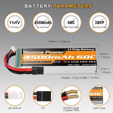 Youme 11.1V Lipo Battery 4500mAh,3S RC Lipo Batteries 60C Tr Plug for 1/10 RC Car/Truck/Truggy,RC Airplane Quadcopter Drone Helicopter Boat Models(2 Packs)