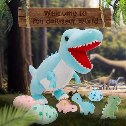 MorisMos Dinosaur Stuffed Animal with Babies,23.6'' Big Mommy Stuffed Dino T-rex with 3 Baby Dino Stuffed Toys & 3 Eggs Plush Inside Belly, Boy Girl Dinosaur Toys for Kid 3-5,Blue T-rex Toys Gift