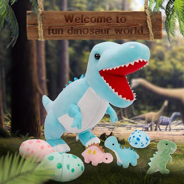 MorisMos Dinosaur Stuffed Animal with Babies,23.6'' Big Mommy Stuffed Dino T-rex with 3 Baby Dino Stuffed Toys & 3 Eggs Plush Inside Belly, Boy Girl Dinosaur Toys for Kid 3-5,Blue T-rex Toys Gift
