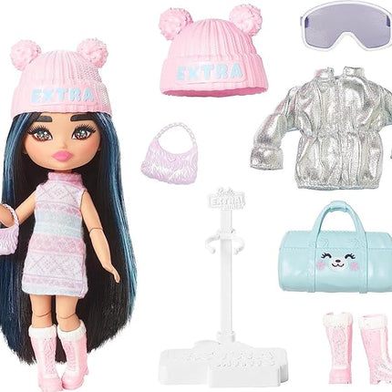 Barbie Extra Fly Minis Travel Doll, Snowy Look with Icy Blue Highlights in Pastel Sweater Dress & Accessories