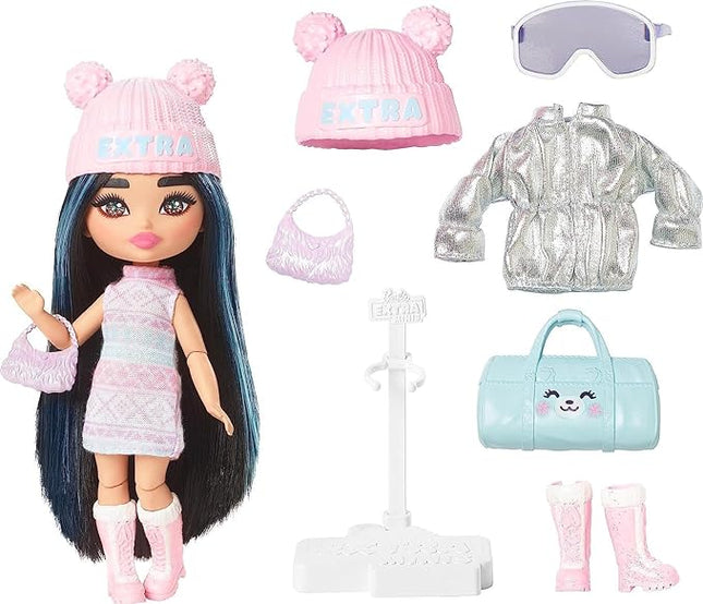 Barbie Extra Fly Minis Travel Doll, Snowy Look with Icy Blue Highlights in Pastel Sweater Dress & Accessories