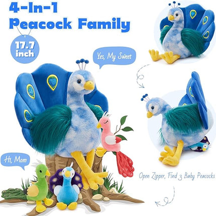 MorisMos Plush Peacock Stuffed Animal with 3 Baby Bird Plush Toys,18''Mommy Peacock Toys for Girl Boy Kid,Realistic Bird Stuffed Animals Gift for Birthday Decor Baby Shower Christmas,CE/CPC Certified
