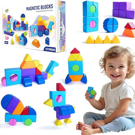 Big Multi-Shape Magnetic Building Blocks, 1.65 Inches Magnetic Toy Set for Toddlers, 8 Colors Montessori Sensory Construction Kit for Boys and Girls 3 4 5 6 Years Old (22PCS)
