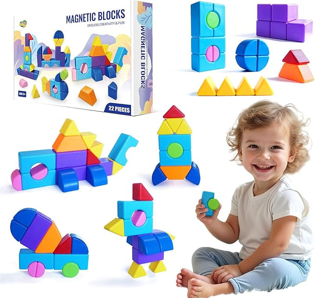 Big Multi-Shape Magnetic Building Blocks, 1.65 Inches Magnetic Toy Set for Toddlers, 8 Colors Montessori Sensory Construction Kit for Boys and Girls 3 4 5 6 Years Old (22PCS)