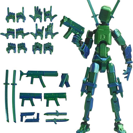 Pre-Assemly 3D Printed 5.54'' Stick Tian 13 Action Figure, Multi-Jointed Robo13, Articulated T13 Desktop Decoration,12 in 1 Accessories, Best Birthday Festival Gift (Blue Green)