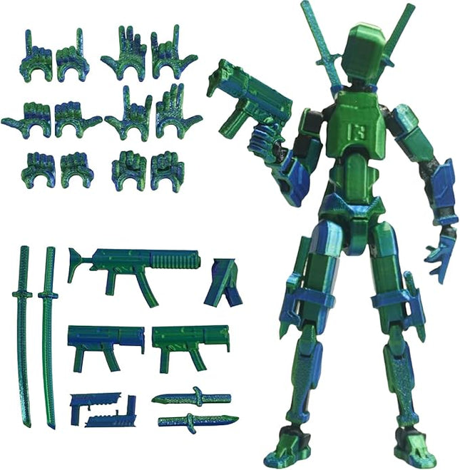 Pre-Assemly 3D Printed 5.54'' Stick Tian 13 Action Figure, Multi-Jointed Robo13, Articulated T13 Desktop Decoration,12 in 1 Accessories, Best Birthday Festival Gift (Blue Green)