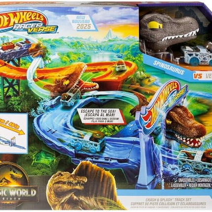 Hot Wheels Toy Car Track Set, RacerVerse Jurassic World Crash & Splash Playset with Die-Cast Velociraptor Vehicle, Dinosaur Race with Spinosaurus