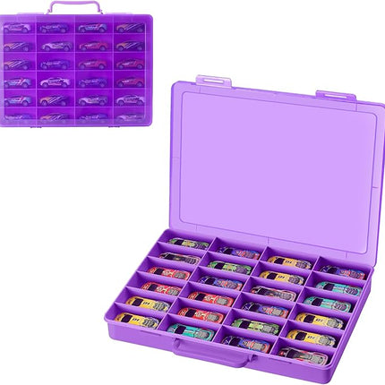 Toy Storage Organizer Case for Hot Wheels Car, for Matchbox Cars, for Mini Toys, for Small Dolls. Carrying Box Container Carrier with 24 Compartments (Box Only) (Purple)